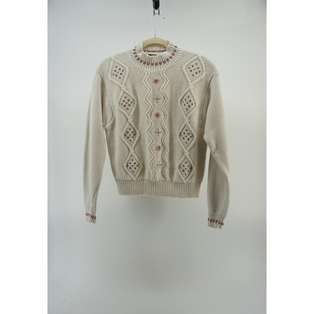 Lizsport Sweater chunky Cable Knit Floral Embroidered Rustic Cottagecore Small